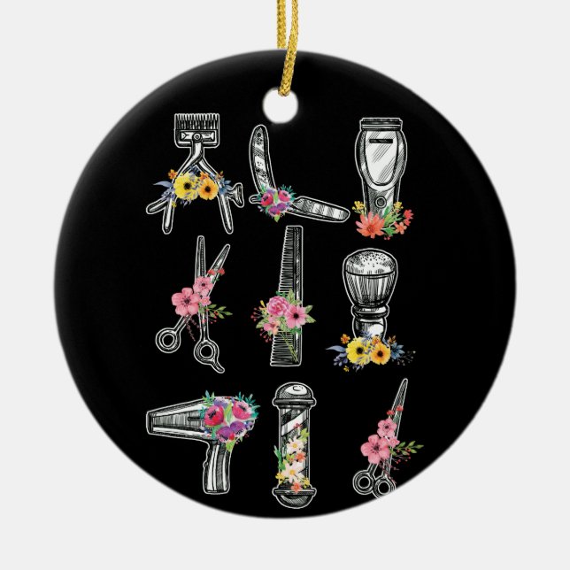 Ornamento De Cerâmica Hair Stylist Barber Tools Floral (Frente)