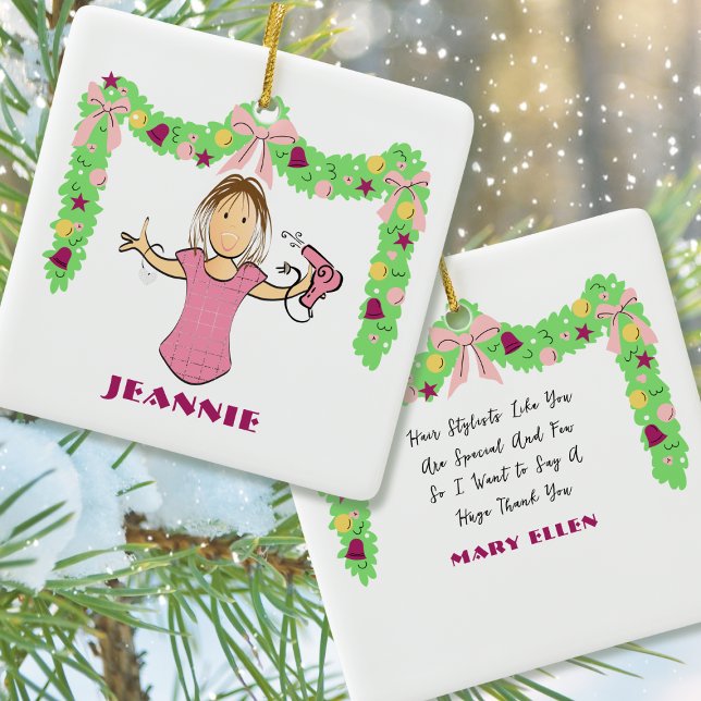 Ornamento De Cerâmica Hair Stylist Cartoon Funny Thank You Christmas (Criador carregado)