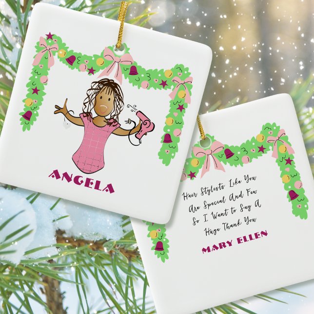 Ornamento De Cerâmica Hairdresser Cartoon Ethnic Thank You Christmas (Criador carregado)