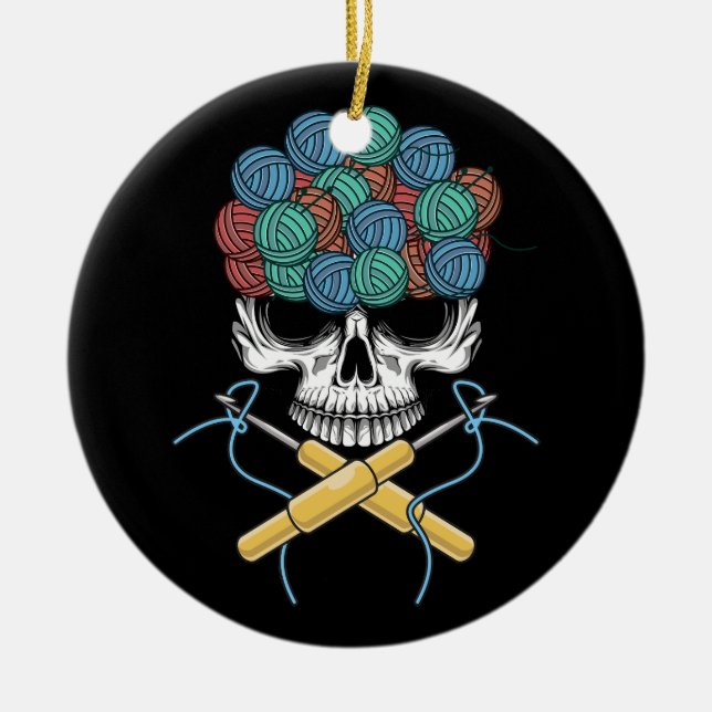 Ornamento De Cerâmica Halloweeen Skull Crochet Lover Yarn Skeleton engra (Frente)