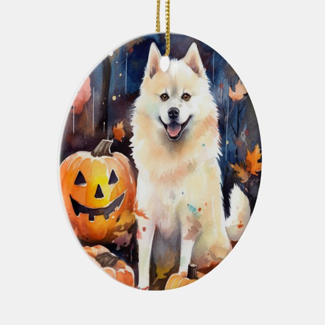 Ornamento De Cerâmica Halloween American Akita Com Pumpkins Assustado (Direito )