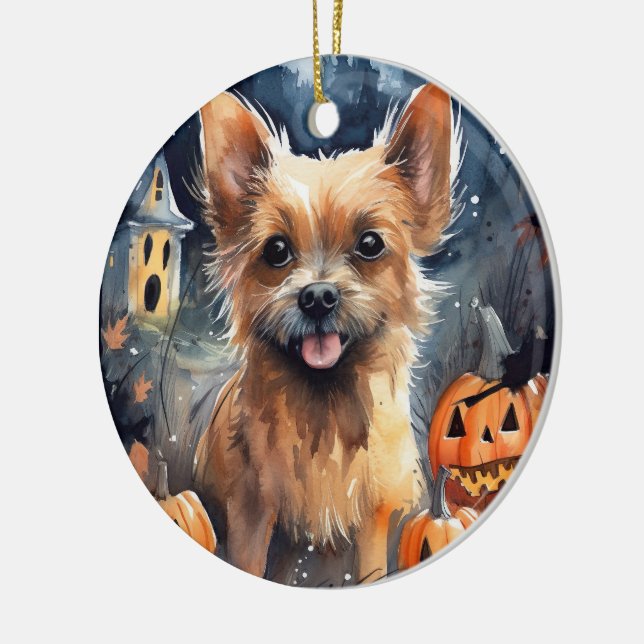 Ornamento De Cerâmica Halloween Australiano Terrier With Pumpkins Scary (Esquerda)