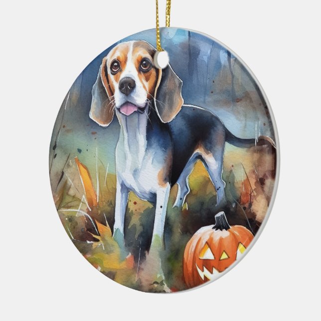 Ornamento De Cerâmica Halloween Beagle Com Pumpkins Assustado (Esquerda)