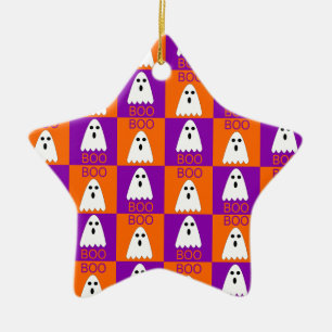 Ornamento De Cerâmica Halloween Boo Ghost Purple e Orange Squares