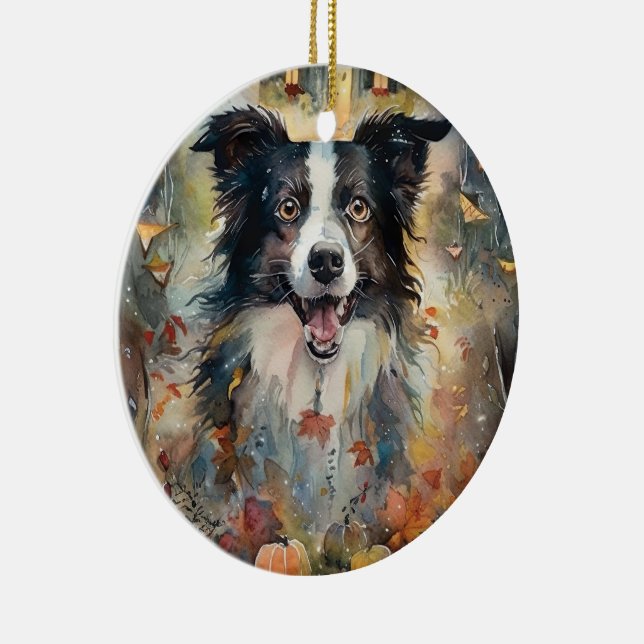 Ornamento De Cerâmica Halloween Border Collie Com Pumpkins Assustado (Direito )