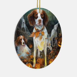 Ornamento De Cerâmica Halloween Brittany Spaniel Com Pumpkins Assustado
