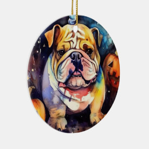 Ornamento De Cerâmica Halloween Bulldog Com Pumpkins Assustado