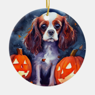 Ornamento De Cerâmica Halloween Cavalier King Charles Spaniel Pumpkins