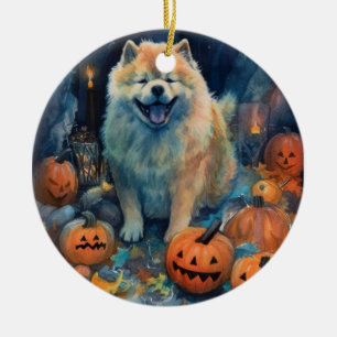 Ornamento De Cerâmica Halloween Chow Chow Com Pumpkins Assustado