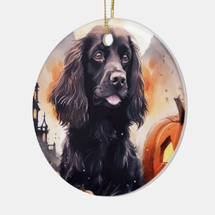 Ornamento De Cerâmica Halloween Cocker Spaniel Com Pumpkins
