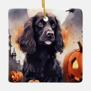 Ornamento De Cerâmica Halloween Cocker Spaniel Com Pumpkins
