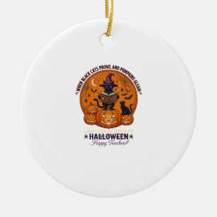 Ornamento De Cerâmica Halloween Feliz Professor Gato Preto Bruxa Chapéu