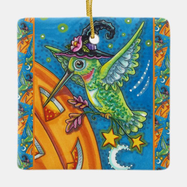 ORNAMENTO DE CERÂMICA HALLOWEEN HUMMINGBIRD E JACK O LANTERN WHIMSY (Frente)