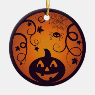 Ornamento De Cerâmica Halloween Jack ou lanterna abóbora face e aranha