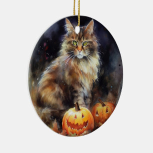 Ornamento De Cerâmica Halloween Maine Coon Cat Com Pumpkins Assustado
