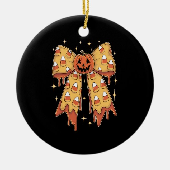 Ornamento De Cerâmica Halloween Pumpkin Bow Candy Corn (Frente)