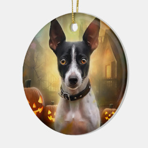 Ornamento De Cerâmica Halloween Rat Terrier Com Pumpkins Assustado