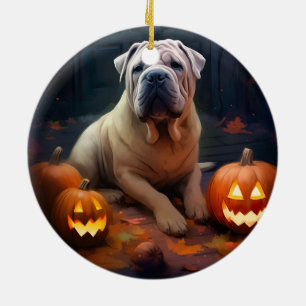 Ornamento De Cerâmica Halloween Shar Pei Com Pumpkins Assustado