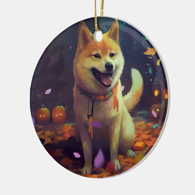 Ornamento De Cerâmica Halloween Shiba Inu Com Pumpkins Assustado (Esquerda)