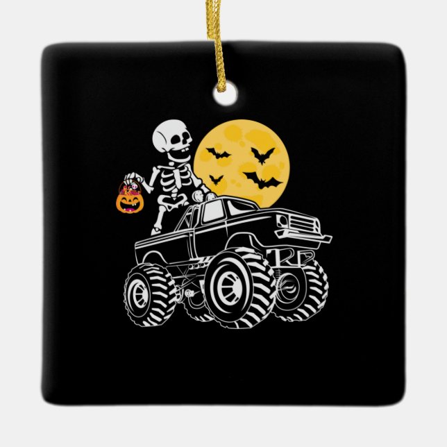 Ornamento De Cerâmica Halloween Skeleton Riding Truck Aniversário (Frente)