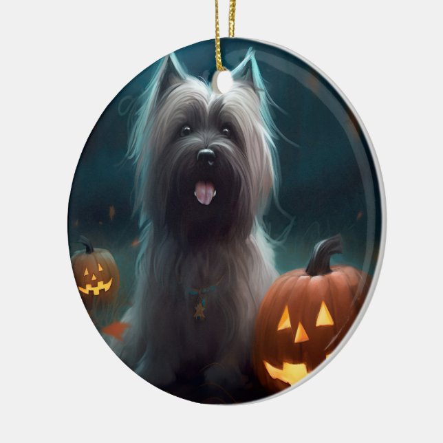 Ornamento De Cerâmica Halloween Skye Terrier Com Pumpkins Assustado (Esquerda)