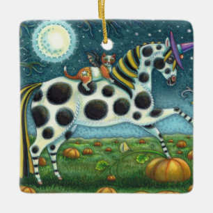 Ornamento De Cerâmica HALLOWEEN SPONTTED PONY & BAT CAT Fantasy Horse