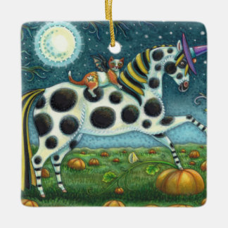 Ornamento De Cerâmica HALLOWEEN SPONTTED PONY & BAT CAT Fantasy Horse