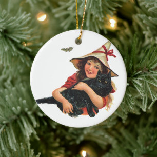 Ornamento De Cerâmica Halloween Vintage, Bruxa Menina com Gato Preto