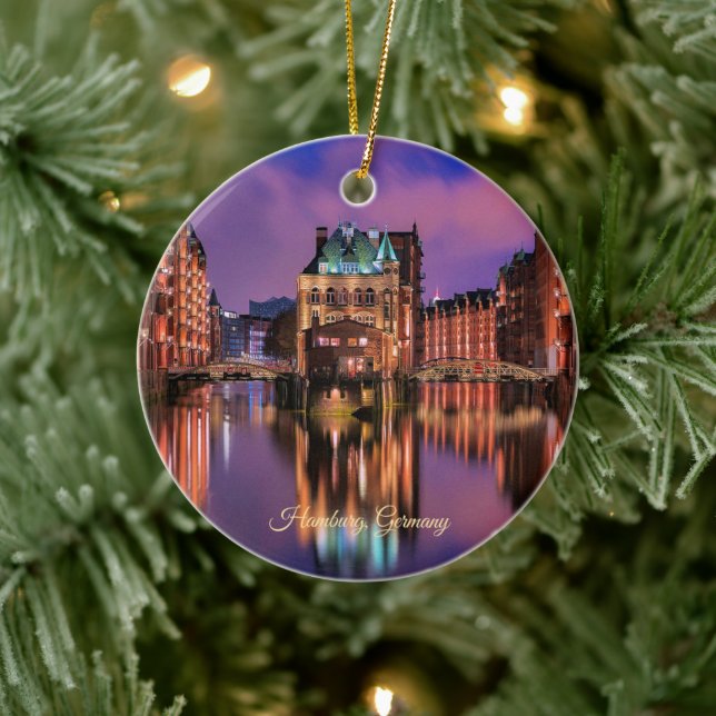 Ornamento De Cerâmica Hamburgo, Alemanha à noite (Árvore)