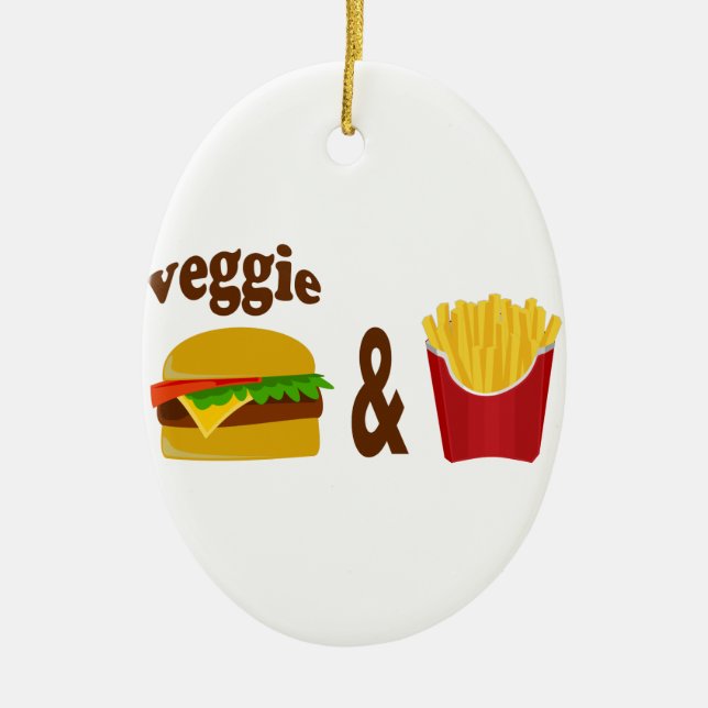 Ornamento De Cerâmica Hambúrguer Vegetariano e Batatas Fritas (Frente)