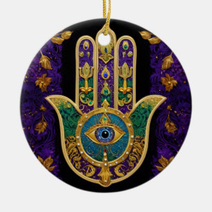 Ornamento De Cerâmica Hamsa Terceiro Olho Dourado Ornamentado