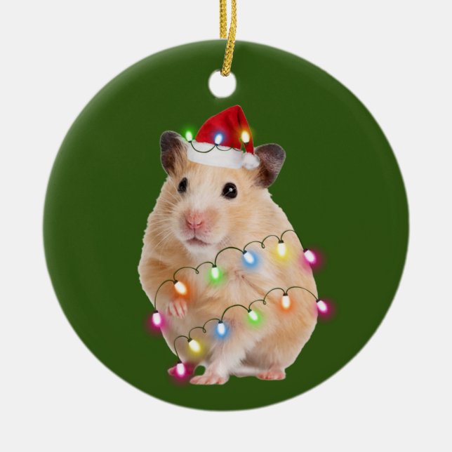 Ornamento De Cerâmica Hamster Com Luzes De Chapéu Natal (Frente)