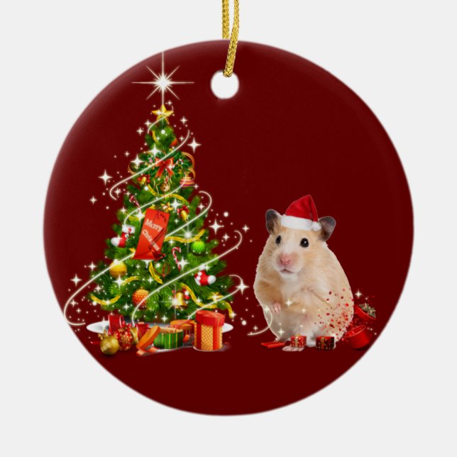 Ornamento De Cerâmica Hamster Com Natal De Chapéu (Frente)