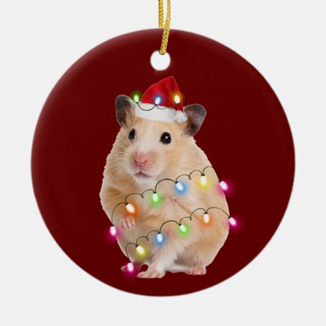 Ornamento De Cerâmica Hamster com o Natal do Hat Scaft (Frente)