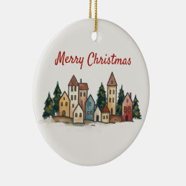 Ornamento De Cerâmica Hand-Drawn Snowy Village Art