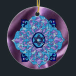 Ornamento De Cerâmica Hanukkah<br><div class="desc">Os azuis de todas as máscaras,  lilac e lavanda em uma forma da flor com uma estrela seis-tomada partido atada são no centro uma grande maneira de comemorar Hanukkah e expressar ao mesmo tempo sua individualidade.</div>