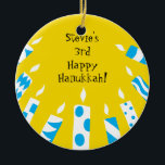 Ornamento De Cerâmica Hanukkah Blue/Yellow Candles Ornament<br><div class="desc">Chanucá - Ornamento de Velas Azul/Amarelo. Personalize cada lado excluindo o texto existente e adicionando o seu próprio com o estilo,  cor e tamanho da fonte favoritos. Feliz Hanukkah! Obrigados para comprar e passar!</div>