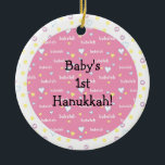 Ornamento De Cerâmica Hanukkah "Bubeleh"/Ornamento Rosa/Círculo<br><div class="desc">Chanucá "Bubeleh"/Ornamento do Círculo de Corações Rosa. Personalize eliminando "Hanukkah, 1rua do bebê!" na frente e atrás do ornamento. Em seguida, usando a cor, o tamanho e o estilo da sua fonte favorita, digite as suas próprias palavras. Obrigados para parar e comprar. Muito apreciado! Feliz Chanukah/Hanukkah! Dê vida à dcoração...</div>