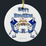 Ornamento De Cerâmica Hanukkah Dancing Dreidels e Jelly Doughnut<br><div class="desc">Você está vendo The Lee Hiller Designs Collection of Home and Office Decor,  Roupa,  Gifts and Coleções. As Designs incluem Lee Hiller Photoographic e Mixed Media Digital Art Collection. Você pode ver sua fotografia da Nature em http://HikeOurPlanet.com/ e seguir seu blog de caminhada no Hot Primavera National Park.</div>