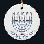 Ornamento De Cerâmica Hanukkah feliz Menorah<br><div class="desc">Estes ornamento frente e verso bonito têm um menorah e as palavras "Hanukkah feliz." Veja os convites de festas de harmonização aqui: https://www.zazzle.com/hanukkah_party_funny_whole_latke_fun_invitation-256781977102628379</div>