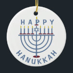 Ornamento De Cerâmica Hanukkah feliz Menorah<br><div class="desc">Estes ornamento frente e verso bonito têm um menorah e as palavras "Hanukkah feliz." Veja os convites de festas de harmonização aqui: https://www.zazzle.com/hanukkah_party_funny_whole_latke_fun_invitation-256781977102628379</div>