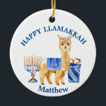 Ornamento De Cerâmica Hanukkah Lama Feliz Llamakkah engraçado<br><div class="desc">Este design foi criado através da arte digital. Pode ser personalizado na área fornecida ou personalizado alterando a foto ou adicionando suas próprias palavras. Entre em contato comigo em colorflowcreations@gmail.com se você quiser usar este design em outro produto. Compre minha pintura de acrílico abstrato original para venda em www.etsy.com/shop/colorflowart. Veja...</div>