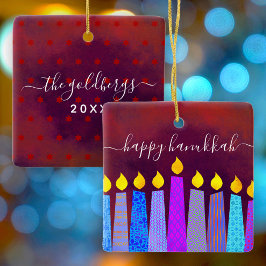 Ornamento De Cerâmica Hanukkah Menorah Candles Nome do Script Red Keepsa