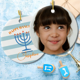 Ornamento De Cerâmica Hanukkah Menorah Foto Azul Laranja