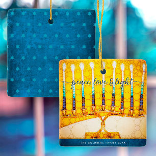 Ornamento De Cerâmica Hanukkah Peace Love Light, Amarelo Menorah Keepsaa