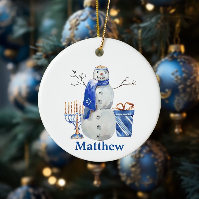 Ornamento De Cerâmica Hanukkah Snowman Blue Nome personalizado Menorah (Criador carregado)