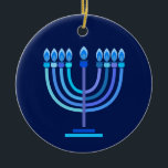 Ornamento De Cerâmica Hanukkiah Happy Hanukkah Holiday Menorah<br><div class="desc">Símbolo Hanukkiah. Feliz Festa de Hanukkah Feriado Judeu Menorah Azul. Decoração de Feriado Judeu Chanukkah com o símbolo decorativo tradicional de Chanuka - Marinho Blue color hanukkiah menorah, candelabro com velas, estrela de David e ilustração azul neon brilhante. Festa de Chanucá das Luzes Decoração do Evento. Jerusalém, Israel.Home > Home...</div>