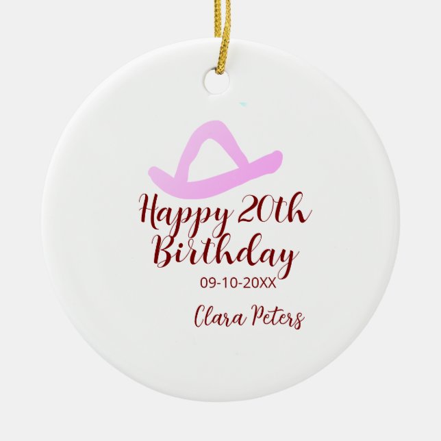 Ornamento De Cerâmica Happy 20th birthday pink cowboy girl name date sim (Frente)