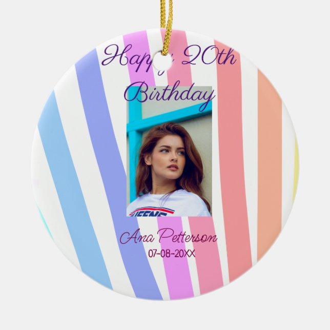 Ornamento De Cerâmica Happy 20th Birthday rainbow rustic boho lines phot (Frente)