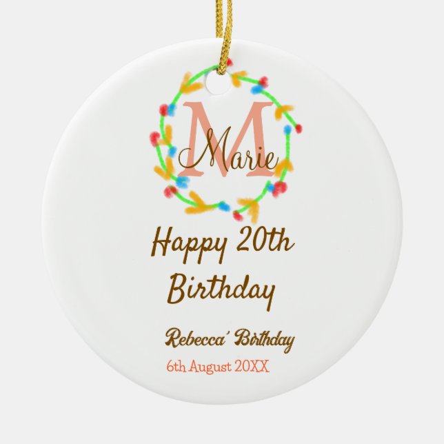 Ornamento De Cerâmica Happy 20th Birthday red add name monogram wreath (Frente)